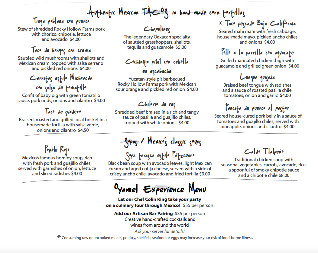 Le menu du restaurant Oyamel spécialisé en tacos aux criquets