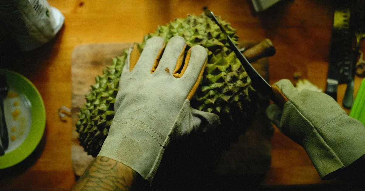 Durian en cours de découpe montrant sa chair jaune crémeuse